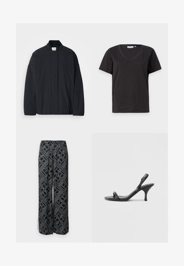 Jachetă neagră cu mâneci lungi, cu guler ribbat, închidere frontală ascunsă și etichetă subtilă a brandului pe tivul de jos, așezată pe un fundal alb.; Tricou negru din bumbac cu decolteu în V și mâneci scurte. Design simplu, cu o croială normală și fără modele sau accente.; Pantaloni largi din țesătură neagră cu un model geometric alb. Talie elastică, design fluid și fente laterale.; Sandale cu toc înalt din piele neagră, cu un toc subțire și curbat și un design cu curea încrucișată. Curea la gleznă ajustabilă. Textură netedă.