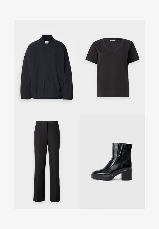 Black long-sleeve jacket with a ribbed collar, hidden front fastening, and subtle brand tag on the bottom hem, laid flat on a white background.; Black cotton T-shirt with a V-neck and short sleeves. Simple design with a regular fit and no patterns or accents.; Black trousers with a tailored fit, featuring a flat front, two side pockets, and a smooth, matte fabric texture. Classic design, no patterns.; Black patent leather ankle boots with a curved toe, elastic side panels, and a chunky block heel. Features embossed logo on the back.