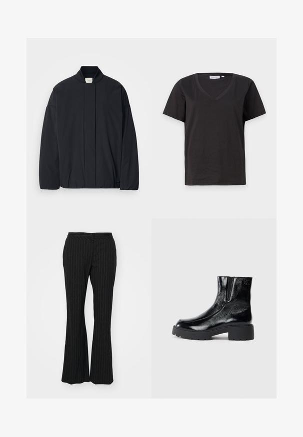 Melnas garās piedurknes jakas ar ribotu apkakli, slēptu priekšpuses aizdari un smalku zīmola etiķeti apakšējā apmalē, izvietota uz baltas fona.; Melnas kokvilnas T-krekls ar V veida kakla izgriezumu un īsām piedurknēm. Vienkāršs dizains ar regulāru piegriezumu un bez rakstiem vai akcentiem.; Melni flared bikses ar svītrām, ar gludu tekstūru un vidēja augstuma jostu, izstrādātas ar pielāgotu piegriezumu un nedaudz spīdumu.; Melnas potītes zābaki ar spīdīgu lakotu ādas apdari, masīvu melnu gumijas zoli un paaugstinātu papēdi; satur subtilu logotipa detaļu sānu daļā.
