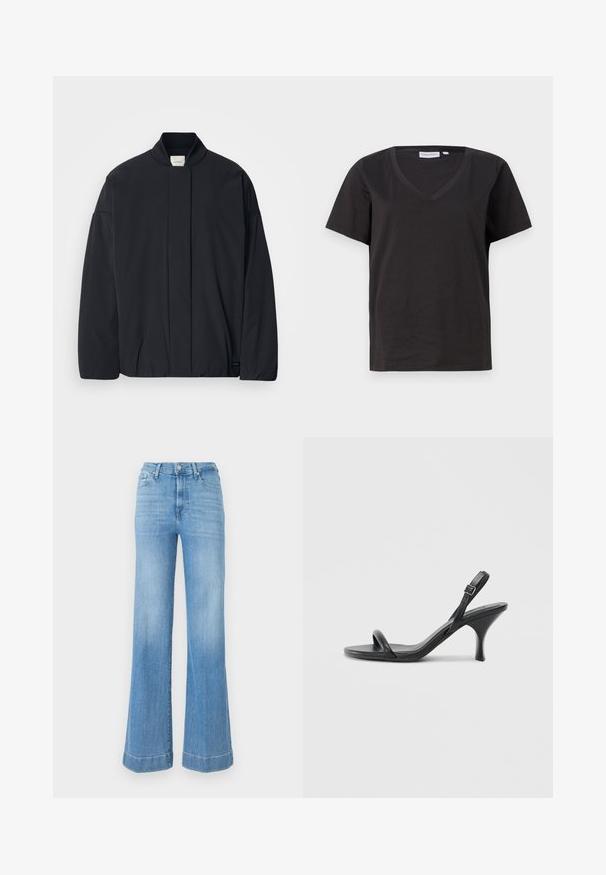 Zwarte lange mouwen jas met een geribde kraag, verborgen sluiting aan de voorkant en een subtiele merketiket op de onderrand, plat gelegd op een witte achtergrond.; Zwarte katoenen T-shirt met een V-hals en korte mouwen. Eenvoudig ontwerp met een regular fit en zonder patronen of accenten.; Lichtblauwe wijde jeans met een hoge taille, gemaakt van denim. Heeft een knoopsluiting, minimale vervaging en opgerolde manchetten aan de zoom.; Zwarte leren sandalen met hoge hakken, een slanke, gebogen hak en een gekruist bandontwerp. Verstelbare enkelband. Soepele textuur.