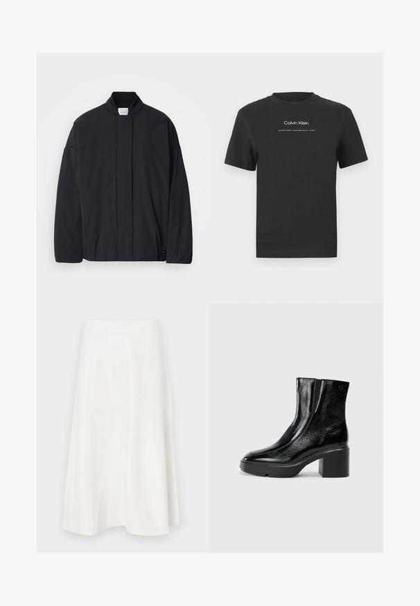 Čierna dlhá bundá s rebrovaným golierom, skrytým predným zapínaním a diskrétnou značkou na dolnom leme, položená na bielom pozadí.; Čierne bavlnené tričko s okrúhlym výstrihom, kratkými rukávmi a bielou potlačou loga "Calvin Klein" a textu "Established 1968".; Biela áčková sukňa vyrobená z hladkej látky, s vysokým pásom a jemnými švovými detailmi, s rozšíreným dolným okrajom.; Čierne lakované členkové topánky s zakrivenou špičkou, elastickými bočnými panelmi a masívnym blokovým opätkom. S embosovaným logom na zadnej strane.