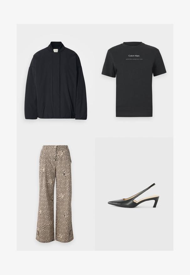 Veste noire à manches longues avec un col côtelé, fermeture frontale cachée et une étiquette de marque discrète au bas de l'ourlet, posée à plat sur un fond blanc.; T-shirt en coton noir avec un col rond, des manches courtes, et un logo "Calvin Klein" imprimé en blanc ainsi que le texte "Established 1968".; Pantalons large en imprimé léopard dans des tons beige et marron, en tissu doux, avec des poches latérales et une fermeture à bouton à la taille.; Slingback noir à bout pointu avec un petit talon, en cuir lisse et doté d'un design découpé sur le côté pour plus de respirabilité.