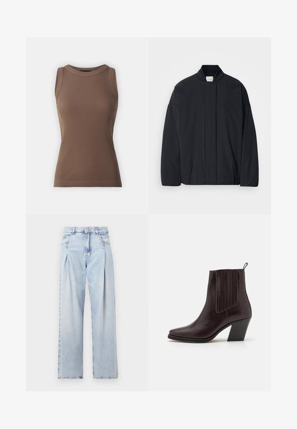 Black long-sleeve jacket with a ribbed collar, hidden front fastening, and subtle brand tag on the bottom hem, laid flat on a white background.; DRYKORN OLINA - Top - brown; Light blue denim jeans with a high waist, wide-leg cut, two side pockets, and pleated design feature. Soft texture with a faded finish.; Dark brown leather ankle boot with a pointed toe, vertical ribbed detailing on the side, and a mid-height block heel.