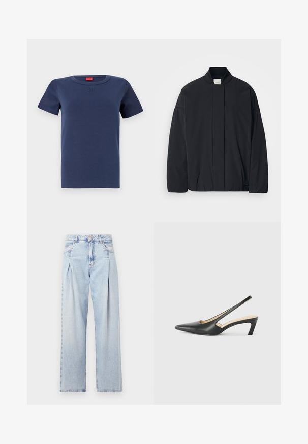 Must musta pikkade varrukatega jakk soonikkoes, peidetud esikinnis, ja diskreetne brändi silt alumisel äärel, asetatud tasasele valgele taustale.; Tumesinine puuvillane t-särk ümmarguse kaelusega, lühikeste varrukatega ja reljeefse logoga rinnal. Sile tekstuur, klassikaline lõige.; Heledad sinise denimist valmistatud teksapüksid kõrge vöökohaga, laia jala lõikega, kahe külje taskuga ja pleedi disainiga. Pehme tekstuur ja pleekinud viimistlus.; Must mustaga, terav varvas, madala kontsaga sildiga king, mis on valmistatud siledast nahast ja mille küljel on lõike disain hingavuse tagamiseks.