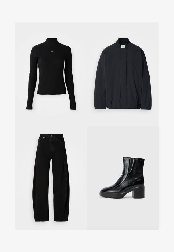 Svart langermet jakke med ribbestrikket krage, skjult frontlukking og subtil merkeetikett på bunnsømmen, lagt flatt på en hvit bakgrunn.; Svart langermet topp med høy hals og tettsittende design. Har en liten logo-patch foran. Jevn, ribbet tekstur.; Svarte denimbukser med bred benvidde og høy midje, med knappestolpe, fem lommer og minimale sømdetaljer.; Sorte lakkskinn ankelstøvler med buet tå, elastiske sidestykker og en chunky klossheel. Har preget logo på baksiden.