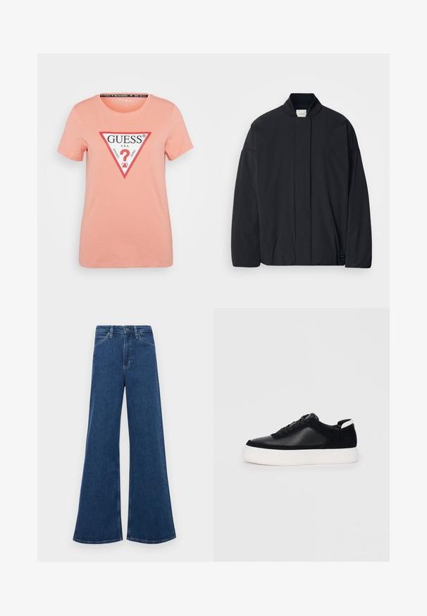 Juodas ilgarankovis švarkas su raštuota apykakle, užslėptu priekiu užsegimu ir subtilia prekės etiketė apačioje, padėtas ant baltos fono.; Persiko spalvos medvilninis marškinėliai su trumpomis rankovėmis, apvaliu iškirpimu, su trikampiu logotipu raudona ir juoda spalvomis ir tekstu "GUESS U.S.A.".; Mėlynos džinsinės plačios kelnes su aukštu juosmeniu, turinčios penkias kišenes, mygtukų užsegimą ir kontrastingą siuvinėjimą siūlėse.; Juodi sportbačiai su lygiu oda ir zomšinėmis detalėmis, plokščiomis raišteliais, apvaliu walko ir balta guma iš baze. Išskirtinė logotipas ant kulno.