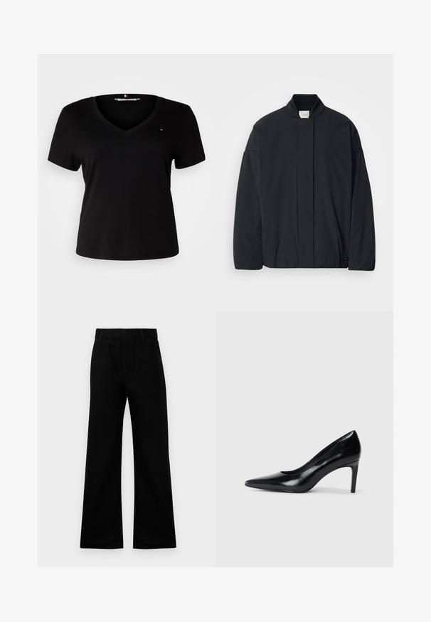 Czarna kurtka z długim rękawem, z ribbanym kołnierzem, ukrytym zapięciem z przodu i subtelną metką marki na dolnym brzegu, leżąca płasko na białym tle.; Czarna koszulka z krótkim rękawem i dekoltem w serek, wykonana z gładkiego materiału. Posiada małe wyszywane logo na piersi.; Czarne spodnie o szerokich nogawkach wykonane z gładkiego materiału, z wysokim stanem, z zapięciem na guzik i pętelkami na pasek, zapewniające dopasowany krój.; Czarna skórzana szpilka z ostrym noskiem, gładką fakturą i zwężającym się obcasem. Minimalistyczny design, bez dodatkowych zdobień.