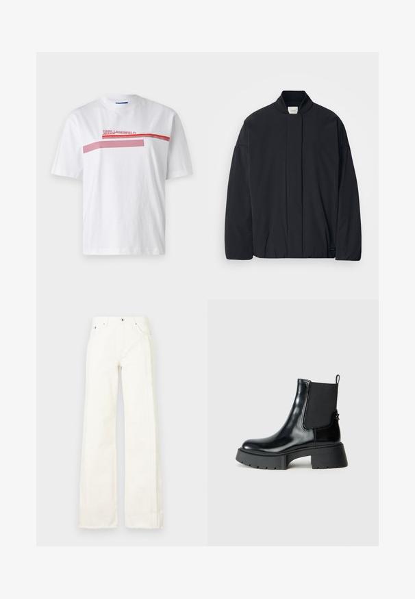 Black long-sleeve jacket with a ribbed collar, hidden front fastening, and subtle brand tag on the bottom hem, laid flat on a white background.; White cotton t-shirt featuring a crew neck, short sleeves, and a graphic print in red and pink across the chest with brand text.; White wide-leg jeans made of denim, featuring frayed edges along the sides, front pockets, and a classic button and zipper closure.; Black ankle boots made of shiny leather with elastic side panels, a pull tab, and a chunky rubber sole featuring a textured tread pattern.