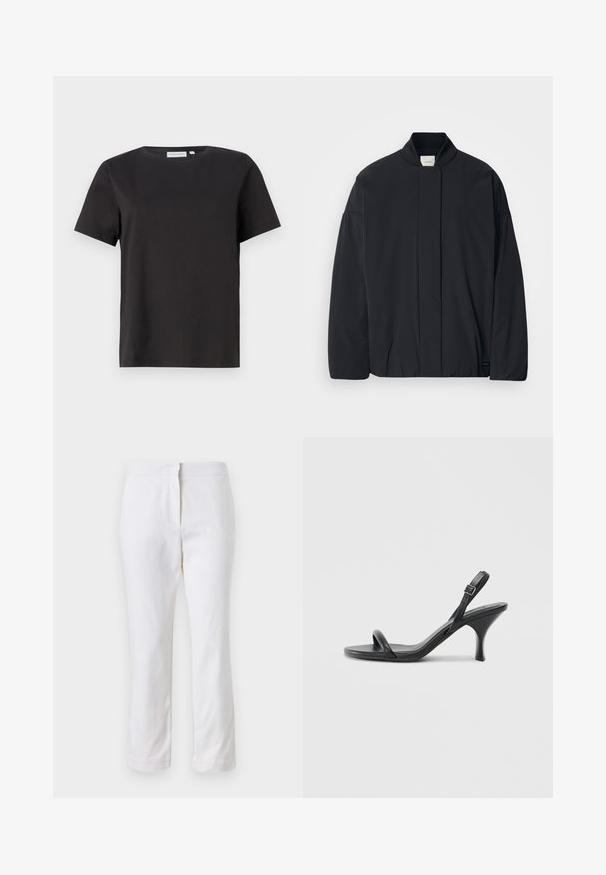 Must musta pikkade varrukatega jakk soonikkoes, peidetud esikinnis, ja diskreetne brändi silt alumisel äärel, asetatud tasasele valgele taustale.; Must mustaga t-särk lühikeste varrukatega, ümar kaelus ja lihtne, puhas disain. Ilma nähtavate mustrite või ääristusteta.; Valged puuvillased püksid sirge lõikega, keskmise kõrgusega vöökoht ja ilma nähtavate detailide või mustriteta. Ühtlane sile tekstuur.; Mustad nahast kõrgete kontsadega sandaalid, millel on saledad, kõverad kontsad ja ristatud rihma disain. Reguleeritav pahkluu rihm. Sile tekstuur.
