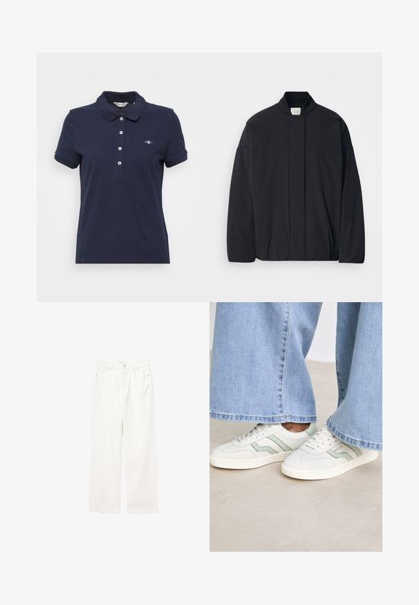 Musta pitkähihaisella takilla, jossa on ribattua kaulusta, piilotettu etukiinnitys ja hillitty brändilogo alareunassa, asetettuna tasaisesti valkoista taustaa vasten.; T-paita merensinisestä puuvillasta, jossa on käännettävä kaulus, lyhyet hihansa, nappilista ja pieni brodeerattu logo rinnassa.; Valkeat leveälahkeiset farkut, jotka on valmistettu puuvillasta. Ne ovat korkeavyötäröiset, edessä on taskut, ja helmassa on siisti viimeistely. Kankaassa on pehmeä rakenne ja vähäiset yksityiskohdat.; Valkoinen lenkkari, jossa on vaaleanvihreitä yksityiskohtia, teksturoitua nahkaa ja litteät kumipohjat. Yhdistetty leveälahkeisiin farkkuihin.