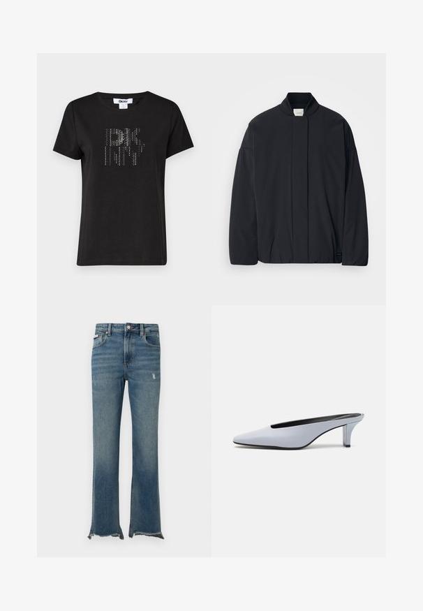 Črno dolg rokav jakna z rebrastim ovratnikom, skrito sprednje zapiranje in subtilna oznaka blagovne znamke na spodnjem robu, razporejena na belem ozadju.; Črno kratkosleečno majico iz bombaža odlikuje teksturiran vzorec s srebrnimi studenčki, razporejenimi v stilizirano logotip na sprednji strani.; Modre jeans hlače iz jeansa s rahlo obrabo, neobdelanimi zaključki, sprednjimi žepi, zankami za pas in gumbno zapiranjem.; Svetlo modre lakirane mule s poudarjenim nosom, nizkim prozornim petam in elegantnim dizajnom z izrezom na sprednjem delu.