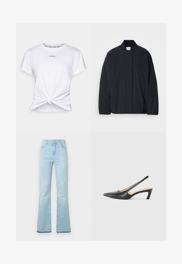 Casaco preto de mangas longas com colarinho canelado, fecho frontal oculto e uma etiqueta discreta da marca na bainha inferior, disposto plano sobre um fundo branco.; T-shirt de algodão branco com mangas curtas, apresentando uma bainha torcida e o logótipo "DKNY" em strass no peito. Textura suave.; Jeans flare azul claro feitos de denim, com uma cintura alta, bolsos frontais e uma bainha desgastada nas bainhas para um look casual.; Sandal com bico fino e calcanhar baixo, em couro liso, com um design recortado na lateral para respirabilidade.