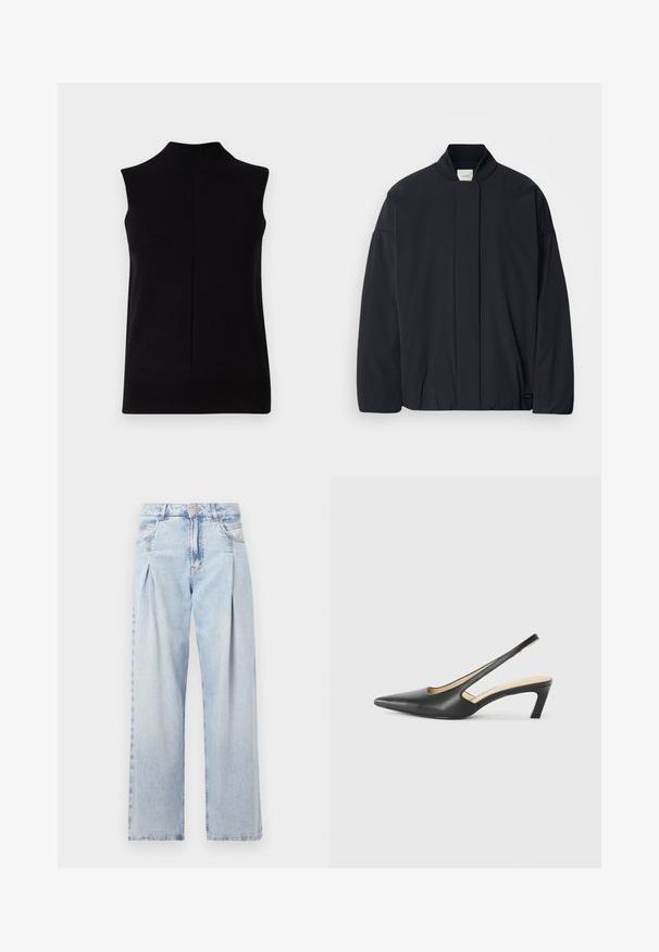 Svart langermet jakke med ribbestrikket krage, skjult frontlukking og subtil merkeetikett på bunnsømmen, lagt flatt på en hvit bakgrunn.; Calvin Klein SLEEVELESS - Topper - black; Lyseblå denimjeans med høy livlinje, vide ben, to sidelommer og plisserte detaljer. Myk tekstur med en falmet finish.; Svart spiss tå slingback-sko med lav hæl, laget av jevnt skinnmateriale og med utskåret design på siden for pusteevne.