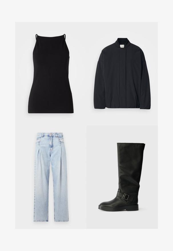 Zwarte lange mouwen jas met een geribde kraag, verborgen sluiting aan de voorkant en een subtiele merketiket op de onderrand, plat gelegd op een witte achtergrond.; Zwarte camisole met dunne bandjes, gemaakt van zachte stof. Heeft een ronde halslijn en een aansluitende silhuet, zonder enige patronen of versieringen.; Lichtblauwe denim jeans met een hoge taille, wijde pijpen, twee zijzakken en geplooid ontwerp. Zachte textuur met een vervaagd uiterlijk.; Zwarte kniehoge laarzen van glad leer, met een ronde neus, een dikke zool en een horizontale band met een rechthoekige gesp.