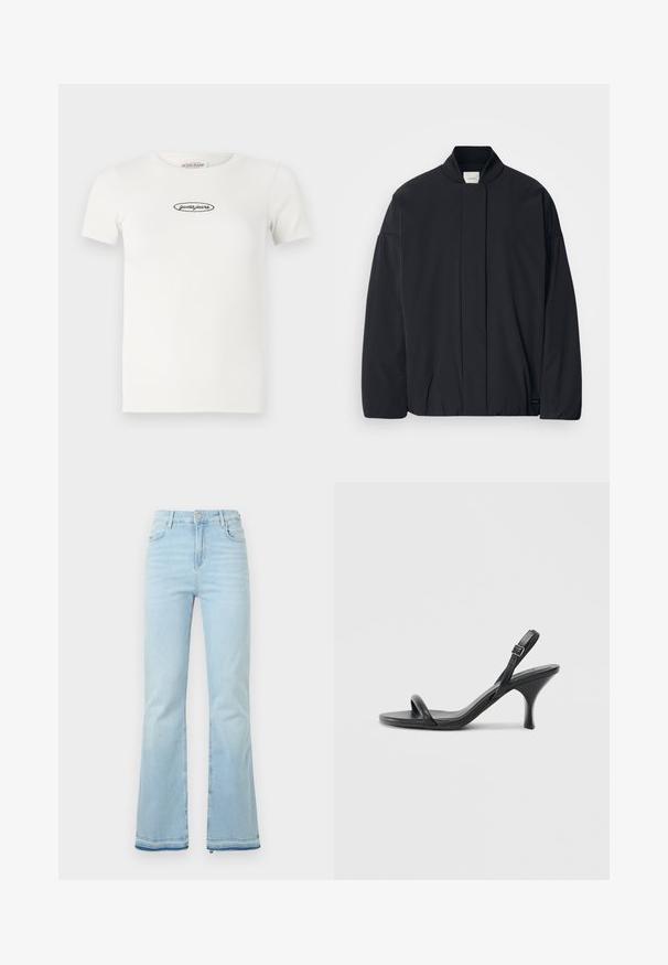 Black long-sleeve jacket with a ribbed collar, hidden front fastening, and subtle brand tag on the bottom hem, laid flat on a white background.; White ribbed t-shirt with short sleeves, round neckline, and black embroidered "guess jeans" logo centered on the front.; Light blue flared jeans made of denim, featuring a high waist, front pockets, and a raw hem at the cuffs for a casual look.; Black leather high-heeled sandals with a slim, curved heel and a crossed strap design. Adjustable ankle strap. Smooth texture.