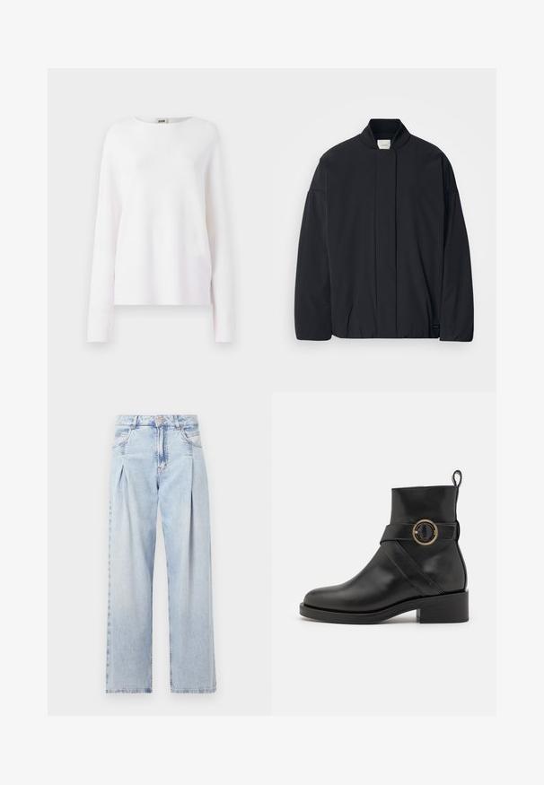 Schwarze Jacke mit langen Ärmeln, geripptem Kragen, verstecktem Frontverschluss und dezentem Markenetikett am unteren Saum, flach auf einem weißen Hintergrund ausgelegt.; Weißes Langarmoberteil mit rundem Ausschnitt. Hergestellt aus einem glatten, leichten Stoff. Leicht lockere Passform mit einfachen, sauberen Linien.; Helle blaue Denim-Jeans mit hoher Taille, weitem Beinschnitt, zwei seitlichen Taschen und gefaltetem Design. Weiche Textur mit einem ausgebleichten Finish.; BOSS IRYNA BOOTIE - Plateaustiefelette - black