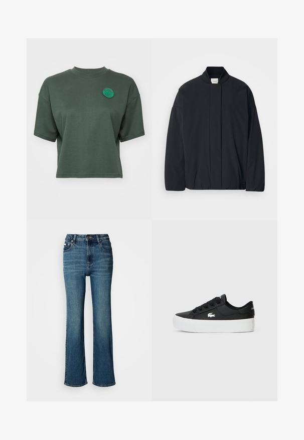 Černá bunda s dlouhým rukávem, žebrovaným límcem, skrytým zapínáním na přední straně a nenápadnou značkovou visačkou na spodním lemu, položená na bílé pozadí.; Krátký rukáv, zkrácený tričko z měkkého zeleného materiálu, s kulatým výstřihem a vyšívaným kruhovým logem na hrudi.; Džínsy s vysokým pasem modré barvy vyrobené z denimu, s rovnými nohavicemi, mírným vyblednutím a standardním zapínáním na knoflík a zip.; Černé nízké tenisky vyrobené ze syntetického materiálu, s bílou gumovou podrážkou, černými tkaničkami a malým bílým logem na straně.