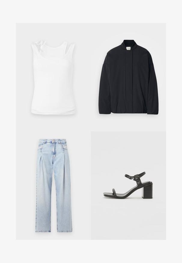 Jachetă neagră cu mâneci lungi, cu guler ribbat, închidere frontală ascunsă și etichetă subtilă a brandului pe tivul de jos, așezată pe un fundal alb.; Top alb dintr-un material moale și elastic. Prezintă o guler rotund și bretele subțiri cu detalii decorative sub formă de fundiță. Textură netedă.; Jeans din denim albastru deschis cu talie înaltă, croială evazată, două buzunare laterale și un design pliat. Textură moale cu un finisaj decolorat.; Sandal din piele neagră cu toc bloc, cu o curea lată peste degete și o curea ajustabilă la gleznă, având un design elegant și minimalist.
