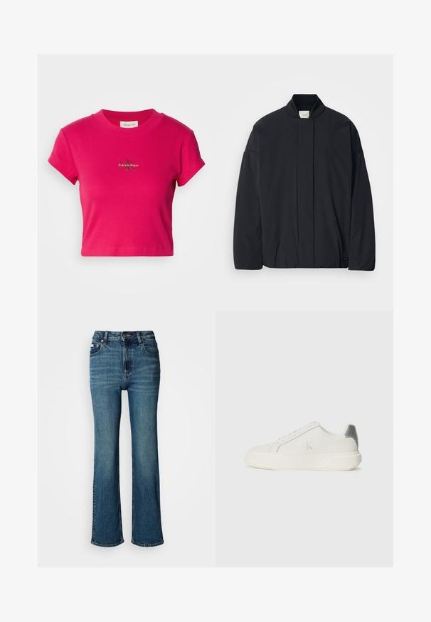 Čierna dlhá bundá s rebrovaným golierom, skrytým predným zapínaním a diskrétnou značkou na dolnom leme, položená na bielom pozadí.; Žiarivo ružový skrátený tričko s krátkymi rukávmi, s malým logom Calvin Klein na strede. Čisté biele pozadie pre zvýraznenie.; Džínsy s vysokým pásom, vyrobené z denimu, s rovnými nohavicami, jemným vyblednutím a štandardným zapínaním na gombík a zips.; Biele tenisky vyrobené z kože s hladkou textúrou, s strieborným akcentom na päte, plochou podrážkou a minimalisticým dizajnom.
