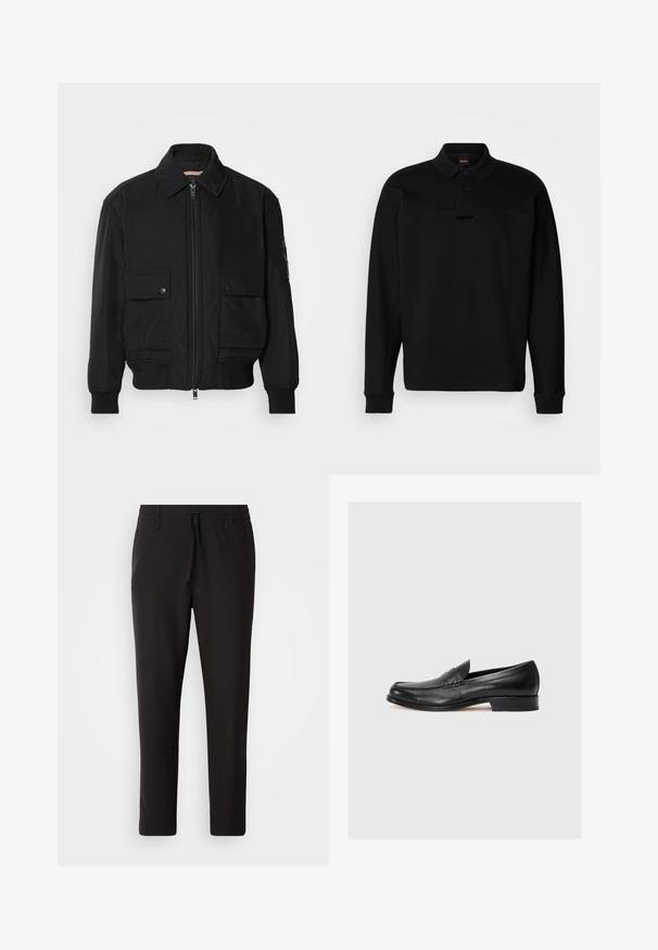 Fekete bomberdzseki sima, könnyű anyagból. Cipzáras elülső részével, két gombos mellzsebével és bordás mandzsettáival rendelkezik.; Fekete, hosszú ujjú póló, puha anyagból készült, gombos gallérral és diszkrét márkázással a mellkason. Bordás mandzsetták találhatók rajta.; Fekete jogger nadrág sima anyagból. Rugalmas derekú, húzózsinórral, tapered lábakkal és látható zsebek nélkül készül. Egyszerű dizájn.; Fekete bőr loaferek lekerekített orral, kontrasztos varrással és alacsony sarkal, díszítő pánttal az elején. Simább textúrával.