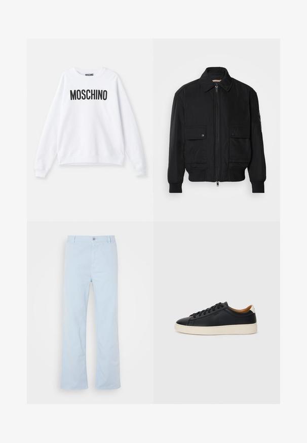 Veste bomber noire en tissu lisse et léger. Dotée d'une fermeture éclair à l'avant, de deux poches poitrines boutonnées et de poignets côtelés.; Sweatshirt blanc en tissu doux avec un col rond, des manches longues et un grand logo noir "MOSCHINO" imprimé sur le devant.; Pantalon en coton bleu clair à coupe droite, fermeture à boutons sur le devant et poches latérales. Texture lisse et détails de couture minimaux.; Baskets en cuir noir avec une texture lisse, semelle en caoutchouc beige, design à lacets et accent de talon contrasté.
