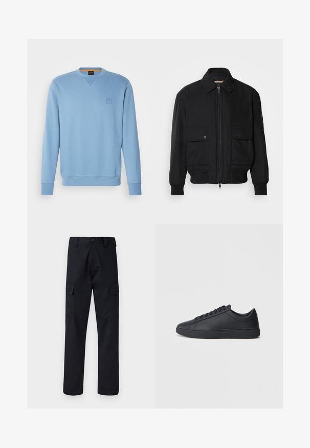 Jaqueta bomber preta feita de um tecido liso e leve. Apresenta um fecho zip à frente, dois bolsos no peito com botão e punhos canelados.; Sweatshirt azul claro com decote redondo, punhos e bainha canelados, apresentando um pequeno logotipo em relevo no lado esquerdo do peito. Textura suave.; Calças cargo pretas feitas de tecido resistente, com corte de perna direita, dois bolsos laterais e fecho de botão na cintura.; Ténis pretos feitos de couro liso com um design de cano baixo, bico redondo e sola de borracha plana. Apresentam atacadores e uma marcação discreta.