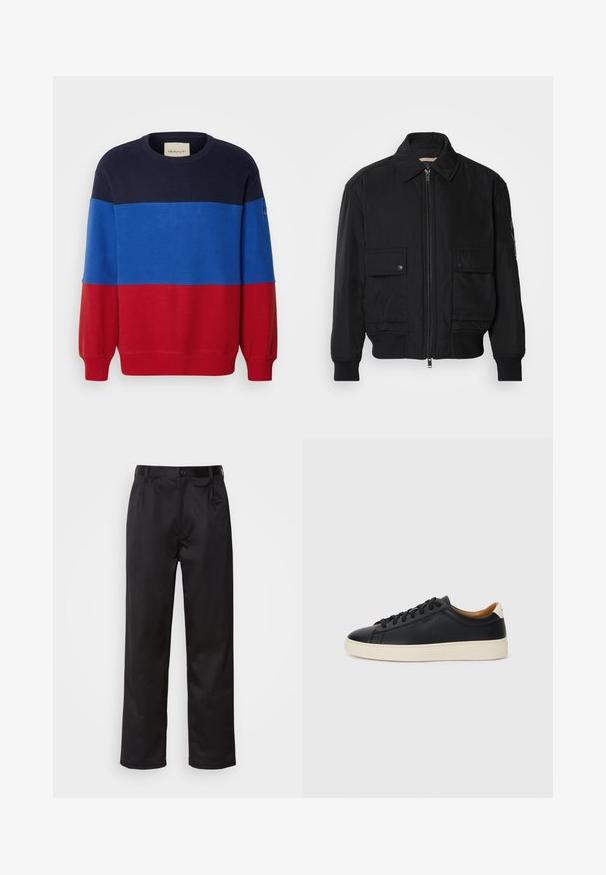 Musta pommijakku, joka on valmistettu sileästä, kevyestä kankaasta. Varusteena vetoketjukiinnitys, kaksi napillista rintataskua ja ribbattu hihansuu.; Väri-blokattu huppari, jossa on tummansinisiä, sinisiä ja punaisia osia. Valmistettu puuvillasta, jossa on ribbireunus kauluksessa ja hihoissa. GANT-tunnus hihassa.; Musta housut sileästä kankaasta, joissa on etupainike, laskokset ja suorat lahkeet. Ei näkyviä kuvioita tai korostuksia.; Mustat nahkasneakerit, joissa on sileä pinta, beige kumipohja, nauhakiinnitys ja erottuva kanta-aksentti.