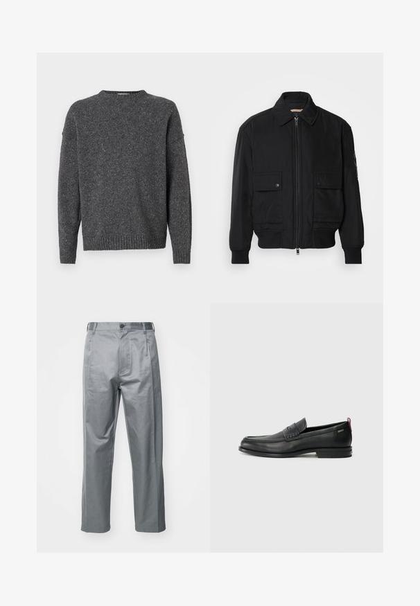 Schwarze Bomberjacke aus glattem, leichtem Stoff. Mit einem Reißverschluss vorne, zwei aufknöpfbaren Brusttaschen und gerippten Bündchen.; Dunkelgrau gesprenkelter Strickpullover mit langen Ärmeln, Rundhalsausschnitt und gerippten Bündchen und Saum, auf einem weißen Hintergrund präsentiert.; Graue Baumwollmischung-Hosen mit geradem Bein, ausgestattet mit einem vorderen Knopfverschluss, Gürtelschlaufen und seitlichen Taschen.; Schwarze Lederloafers mit einem strukturierten Vorderteil und glatten Seiten. Sie verfügen über einen schmalen Absatz und eine Schlaufe an der Rückseite für einfaches Anziehen. Klassisches Design.