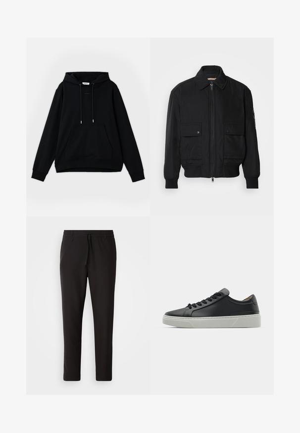 Črna bomberska jakna iz gladkega, lahkega materiala. Ima zadrgo spredaj, dva žepa na prsih s preklopom in rebraste manšete.; Črna kapuca iz bombaža. Ima sprednji žep, prilagodljive vrvice, rebraste manšete in sproščen kroj. Logotip je natisnjen na prsih.; Črne jogger hlače iz gladkega blaga. Imajo elastičen pas z vrvico, zožane hlačnice in brez vidnih žepov. Enostaven dizajn.; Črne usnjene teniske z gladko teksturo, okroglo konico in črnimi vezalkami. Imajo debel bel gumijast podplat s subtilnimi geometrijskimi poudarki.