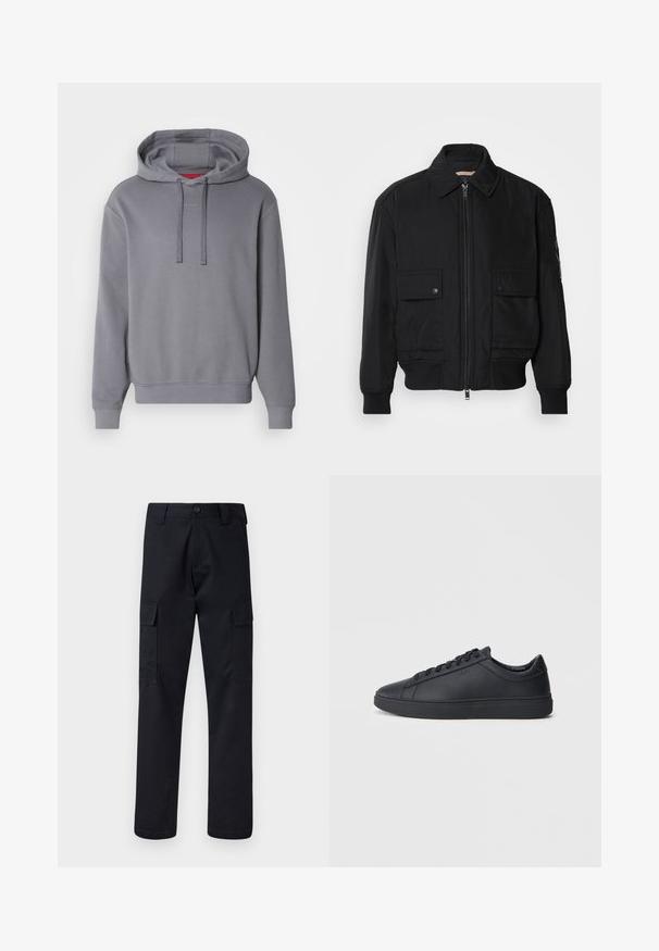 Melnā bomber jaka, izgatavota no gludas, vieglas auduma. Ar rāvējslēdzēju priekšā, diviem pogājamiem krūšu kabatām un ribotām piedurknēm.; Pelēks krekliņš ar kangaroo kabatu, aukliņu kapuci un ribotām piedurknēm. Uz krūšu zonas ir smalka "HUGO" zīmola logo. Mīksta auduma tekstūra.; Melni kravas bikses, kas izgatavotas no izturīga auduma, ar taisnu kāju griezumu, divām sānu kabatām un pogu aizdari jostas vietā.; Melnas kedas no gludas ādas ar zemu adatu dizainu, apaļu purngalu un plakanu gumijas zoli. Satur auklas un diskrētu zīmolu.