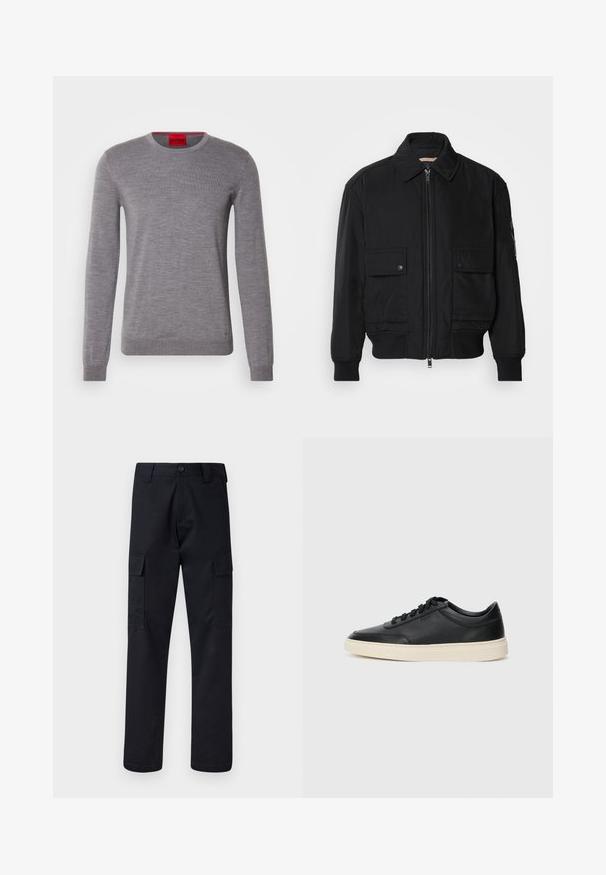 Must mustrakk musth kergestikuti kergemest kuduklett, kergete vestid valjase tormakate. Omab fasadi lukkumist, kahte nööbül pulsiv кофейня ning ribitud käiseid.; HUGO SAN CEDRIC - Džemper - medium grey; Mustad mustad püksid, mis on valmistatud tugevast materjalist, sirge lõikega, kaht küljetaskut ja nööbiga sulgemist vöökoha juures.; Mustad musta nahast madal sneaker mustade nööpidega ja kreemivalge tallaga, nähtud külgprofiilis valge tausta ees.