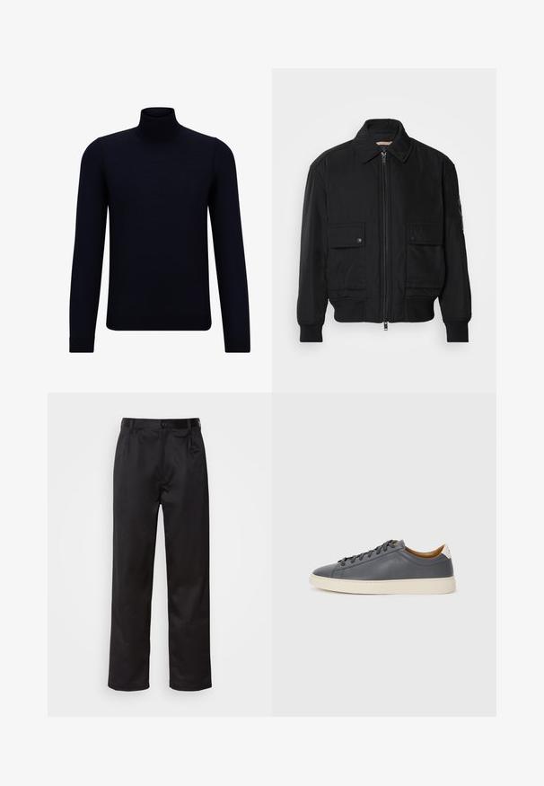Jaqueta bomber preta feita de um tecido liso e leve. Apresenta um fecho zip à frente, dois bolsos no peito com botão e punhos canelados.; Pullover de gola alta em azul-marinho escuro, feito de um tecido de malha fina, com mangas longas e um decote alto justo. Sem padrões ou detalhes visíveis.; Calças pretas feitas de um tecido suave, com fecho frontal por botão, pregas e pernas retas. Sem padrões ou acentos visíveis.; Sapatilha de couro cinza com biqueira redonda, sola de borracha, atacadores planos e detalhes de cor clara no calcanhar. Textura suave e design minimalista.