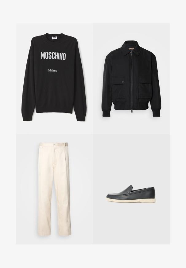 Črna bomberska jakna iz gladkega, lahkega materiala. Ima zadrgo spredaj, dva žepa na prsih s preklopom in rebraste manšete.; Črn pleteni pulover z dolgimi rokavi, ki vsebuje logo "MOSCHINO" v beli barvi in "Milano" v manjšem besedilu spodaj. Rebrasti manšeti in spodnji del.; Bež cottone hlače s ravnim krojem, ki imajo gumbasto zapiranje in nabore spredaj za dodatne detajle.; Črne usnjene natikače z teksturiranim zaključkom in kontrastno bež gumo na podplatu. Imajo subtilen naglas vzdolž sprednje strani.