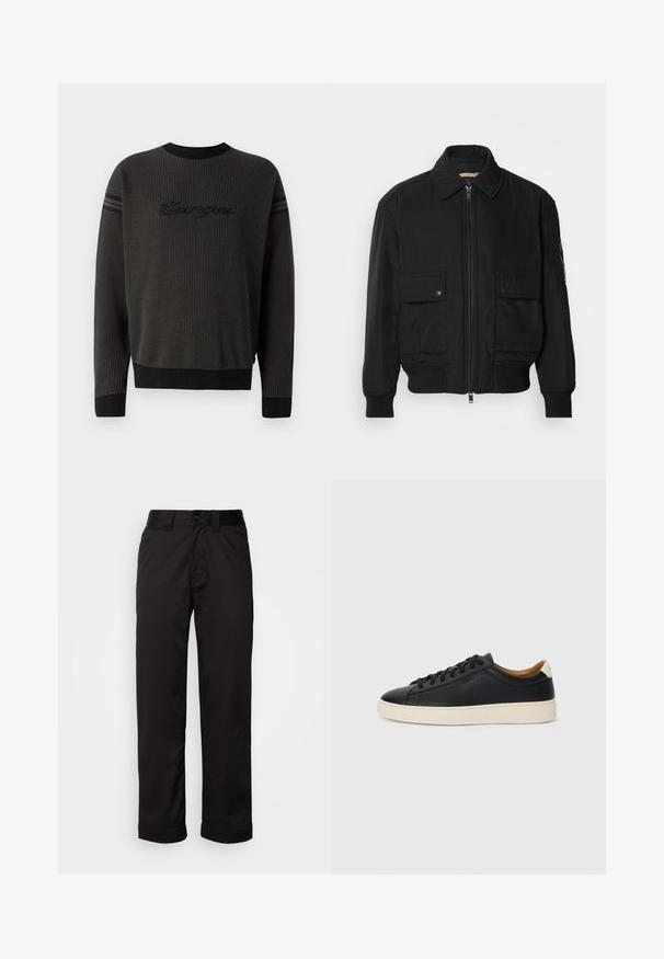 Jachetă bomber neagră, fabricată dintr-un material neted și ușor. Dispune de un fermoar frontal, două buzunare cu nasturi pe piept și manșete ribbrate.; Pulover negru tricotat cu guler rotund cu nervuri, țesătură texturată și logo-ul brodat "targa" pe piept. Prezintă accente în dungi pe mâneci.; Pantaloni negri dintr-un material neted, cu fermoar la brâu, închidere cu nasture și mansete rulate pentru un design casual.; Căști din piele neagră cu o textură netedă, talpă din cauciuc bej, design cu șireturi și un accent contrastant la călcâi.
