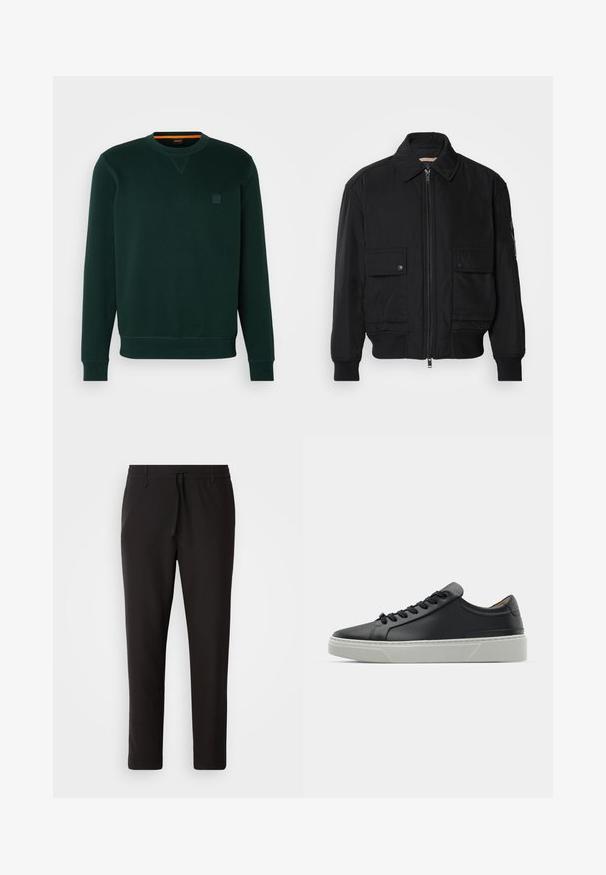 Črna bomberska jakna iz gladkega, lahkega materiala. Ima zadrgo spredaj, dva žepa na prsih s preklopom in rebraste manšete.; Temnozeleni pulover iz mehkega blaga, s krožnim ovratnikom, rebrastimi manšetami in majhno oznako na prsih. Gladka tekstura.; Črne jogger hlače iz gladkega blaga. Imajo elastičen pas z vrvico, zožane hlačnice in brez vidnih žepov. Enostaven dizajn.; Črne usnjene teniske z gladko teksturo, okroglo konico in črnimi vezalkami. Imajo debel bel gumijast podplat s subtilnimi geometrijskimi poudarki.