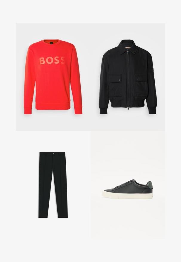 Giacca bomber nera realizzata in tessuto morbido e leggero. Caratterizzata da una chiusura con zip frontale, due tasche sul petto con bottone e polsini a costine.; BOSS SALBO - Felpa - open red; Pantaloni neri in tessuto lisci, con design a gamba dritta. Presentano una chiusura frontale con bottone e passanti per cintura. Senza fantasie.; Sneaker in pelle nera con finitura testurizzata, suola in gomma bianca, punta rotonda e accento verde nel tallone. Design con sei occhielli per allacciatura.
