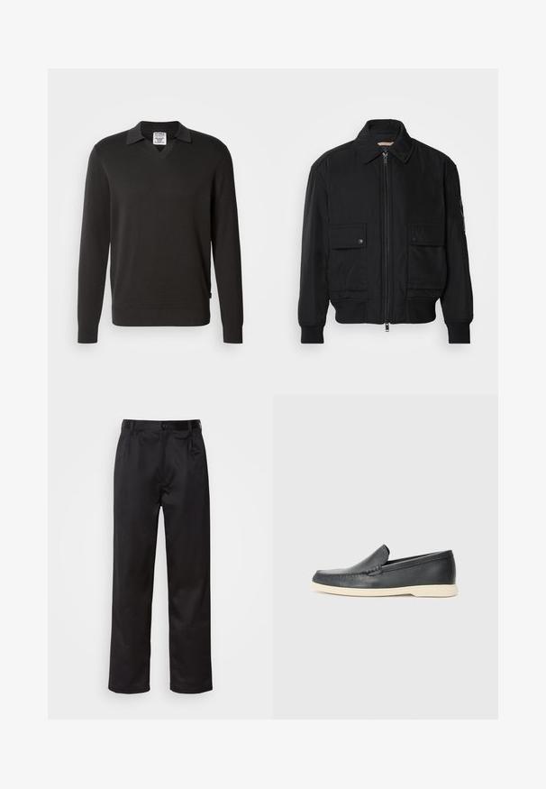 Černá bomber bunda vyrobená z hladkého, lehkého materiálu. Má zipový přední díl, dvě kapsy na hrudi s knoflíky a vroubkované manžety.; Černý svetr s dlouhým rukávem a výstřihem do V, s límečkem. Vyroben z hladkého pleteného materiálu, s žebrovanými manžetami a detailním lemováním.; Černé kalhoty vyrobené z hladké tkaniny, se zapínáním na přední knoflík, sklady a rovnými nohavicemi. Bez viditelných vzorů nebo doplňků.; Černé kožené mokasíny na klínku s texturovaným povrchem a kontrastní béžovou gumovou podrážkou. Vyznačují se jemným akcentem podél přední části.