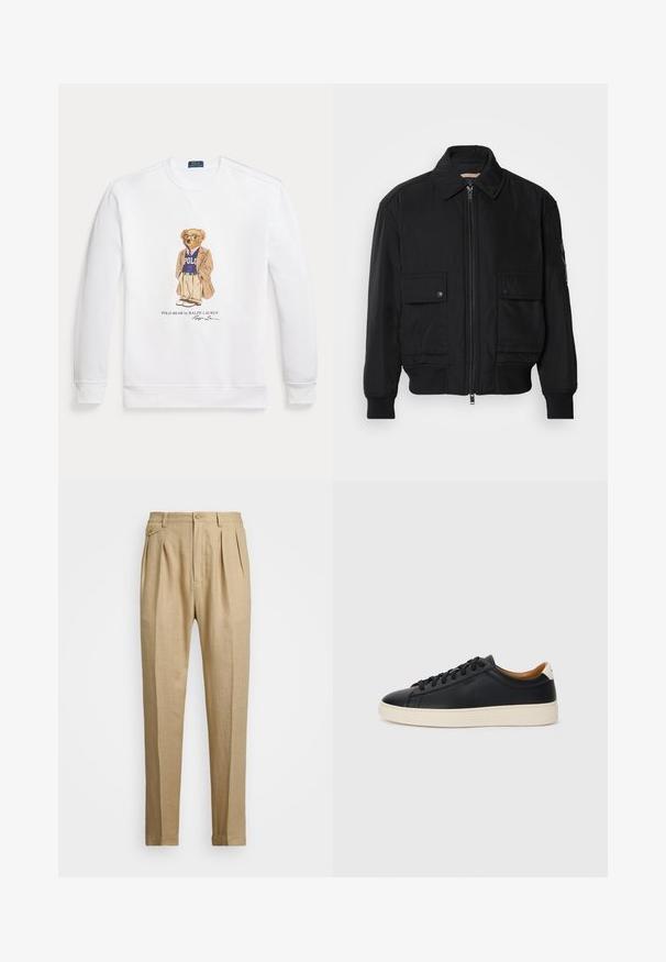 Svart bomberjacka gjord av mjukt, lättviktigt tyg. Har dragkedja fram, två knappade bröstfickor och ribbade ärmslut.; Vit sweatshirt med en tecknad björn i kavaj och tröja. Björnen har glasögon och det står "POLO" på tröjan under illustration.; Beiga linnbyxor med rak passform, med två framveck, knappstängning och sidofickor. Strukturerad tyg med en mjuk yta.; Svarta lädersneakers med en slät yta, beige gummisula, snörning och en kontrasterande hälackcent.