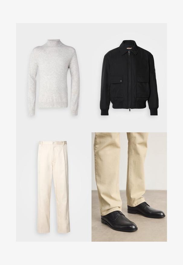 Jachetă bomber neagră, fabricată dintr-un material neted și ușor. Dispune de un fermoar frontal, două buzunare cu nasturi pe piept și manșete ribbrate.; pure cashmere MEN TURTLE NECK SWEATER - Pulover - grey; Pantaloni din bumbac bej, cu croială dreaptă, dotati cu închidere cu nasture și pliuri în față pentru un plus de detaliu.; Pantofi din piele neagră, cu șireturi, vârf rotund, finisaj neted și detalii de broderie subtile, purtați cu pantaloni bej deschis.