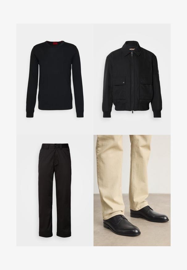 Czarna kurtka bombowiec wykonana z gładkiego, lekkiego materiału. Posiada zamek błyskawiczny z przodu, dwie kieszenie na piersi zapinane na guziki oraz ściągacze przy mankietach.; HUGO SAN CEDRIC czarny; Czarne spodnie wykonane z gładkiego materiału, z zamkiem błyskawicznym, zapięciem na guzik oraz podwiniętymi mankietami, co nadaje im casualowy charakter.; Czarne skórzane buty na sznurówki z zaokrąglonym czubkiem, gładkim wykończeniem i subtelnymi detalami szycia, noszone z jasnobeżowymi spodniami.