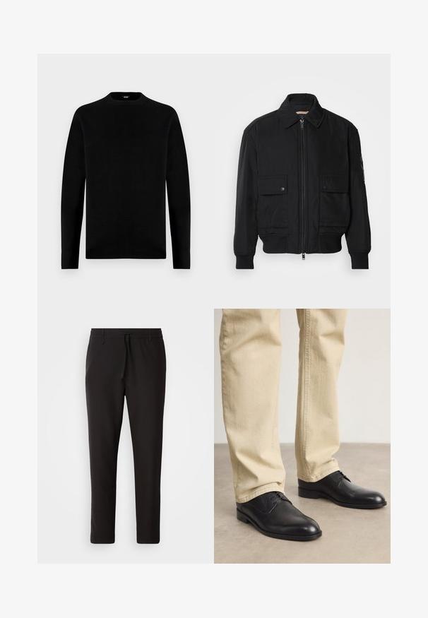 Jachetă bomber neagră, fabricată dintr-un material neted și ușor. Dispune de un fermoar frontal, două buzunare cu nasturi pe piept și manșete ribbrate.; Pulover negru cu mânecă lungă și guler rotund, cu un design simplu și solid, având un mic etichetă cu marca în interiorul gulerului.; Pantaloni de jogging negri, confecționați dintr-un material neted. Prezintă un talie elastică cu șnur, picioare conice și fără buzunare vizibile. Design simplu.; Pantofi din piele neagră, cu șireturi, vârf rotund, finisaj neted și detalii de broderie subtile, purtați cu pantaloni bej deschis.