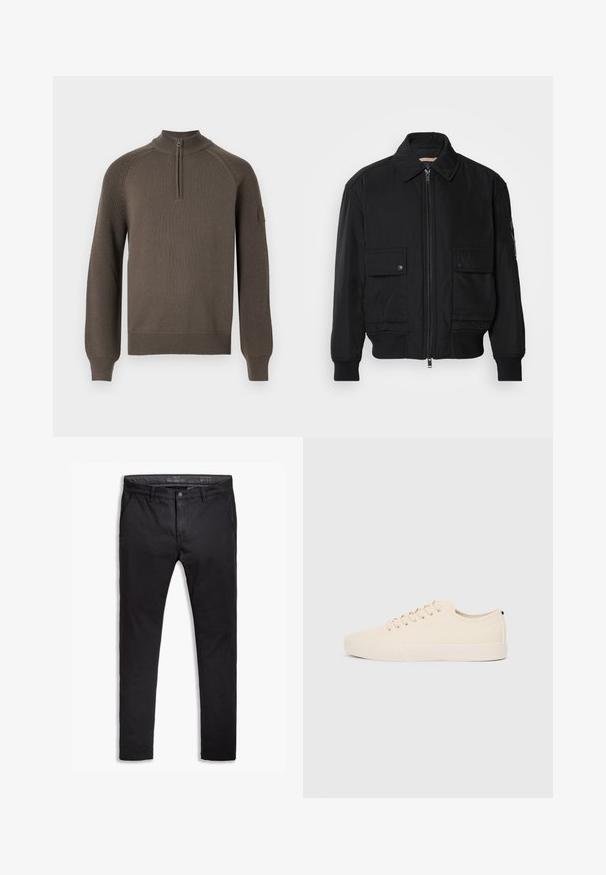 Must mustrakk musth kergestikuti kergemest kuduklett, kergete vestid valjase tormakate. Omab fasadi lukkumist, kahte nööbül pulsiv кофейня ning ribitud käiseid.; Pruun soonikko, millel on pikad varrukad, veerandi tõmblukuga kaelus, soonikkoes mansetid ja äär ning väike plekk vasakul varrukal.; Mustad puuvillased chinos, mis on kitseneva lõikega, viie taskuga, vöökohaga ja siledast tekstuurist. Zipperiga lukk ja nupuga kinnitamine.; Beige kangastossud ümmarguse ninaga, tasase kummist lõhenemisega ja nööridega ees. Omab minimaalset disaini ja kontrastset musta aktsenti kanna piirkonnas.