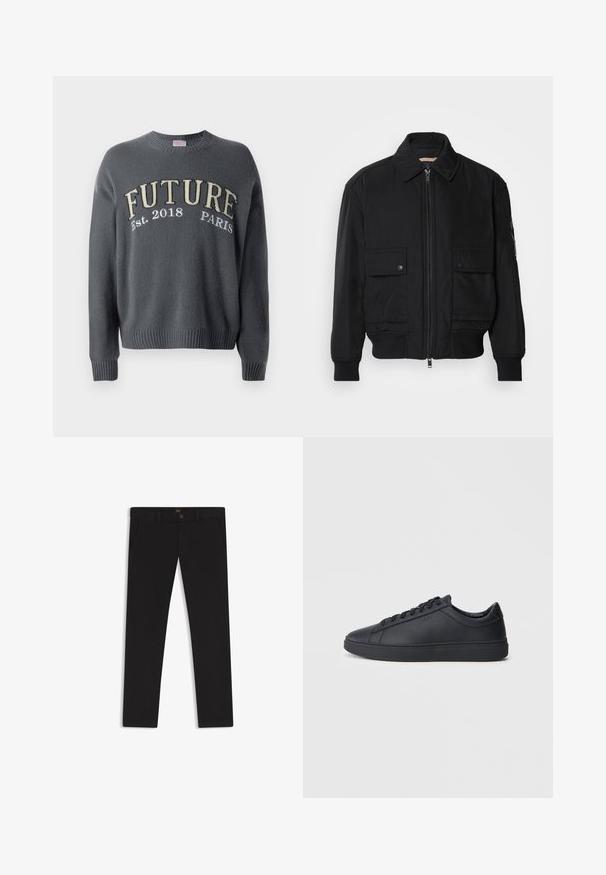 Schwarze Bomberjacke aus glattem, leichtem Stoff. Mit einem Reißverschluss vorne, zwei aufknöpfbaren Brusttaschen und gerippten Bündchen.; Dunkelgrauer Strickpullover mit gerippten Bündchen und Saum, versehen mit der Stickerei "FUTURE Est. 2018 PARIS" in Beige und Weiß auf der Brust.; Schwarze Hosen aus einem Stoff mit glatter текстуре. Verfügt über einen Knopfverschluss, Gürtelschlaufen und Seitentaschen. Klassisches Design mit geradem Bein.; Schwarze Sneaker aus glattem Leder mit einem tiefen Design, runder Zehenform und flacher Gummi-Sohle. Mit Schnürsenkeln und dezentem Branding.