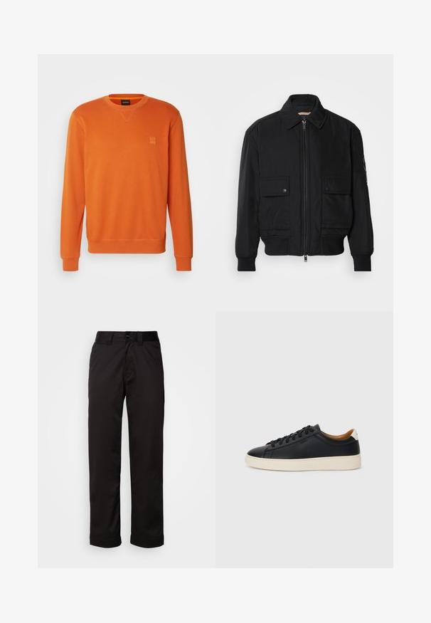 Veste bomber noire en tissu lisse et léger. Dotée d'une fermeture éclair à l'avant, de deux poches poitrines boutonnées et de poignets côtelés.; BOSS WESTART - Sweatshirt - open orange; Pantalons noirs en tissu lisse, avec une fermeture éclair, un bouton et des revers pour un design décontracté.; Baskets en cuir noir avec une texture lisse, semelle en caoutchouc beige, design à lacets et accent de talon contrasté.