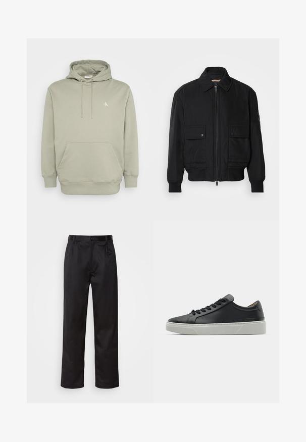 Giacca bomber nera realizzata in tessuto morbido e leggero. Caratterizzata da una chiusura con zip frontale, due tasche sul petto con bottone e polsini a costine.; Felpa verde chiaro realizzata in tessuto morbido, con tasca frontale, cordini regolabili e un piccolo logo ricamato sul petto.; Pantaloni neri realizzati in tessuto morbido, con chiusura frontale a bottone, pieghe e gambe dritte. Nessun motivo o accento visibile.; Sneaker in pelle nera con una texture liscia, punta rotonda e lacci neri. Presenta una suola in gomma bianca spessa con sottili accenti geometrici.