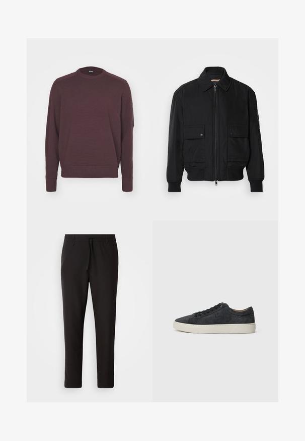 Must mustrakk musth kergestikuti kergemest kuduklett, kergete vestid valjase tormakate. Omab fasadi lukkumist, kahte nööbül pulsiv кофейня ning ribitud käiseid.; BOSS DIEGO - Džemper - open red; Mustad jogger-püksid, mis on valmistatud siledast kangast. Omavad elastset pihaotsikut koos paelaga, kitsenevaid jalaosi ja nähtamatuid taskuid. Lihtne disain.; Mustad nahast tossud sileda tekstuuriga, ümarate varvastega, nöörimisega disainiga ja kontrastse valge kummitaldaga.