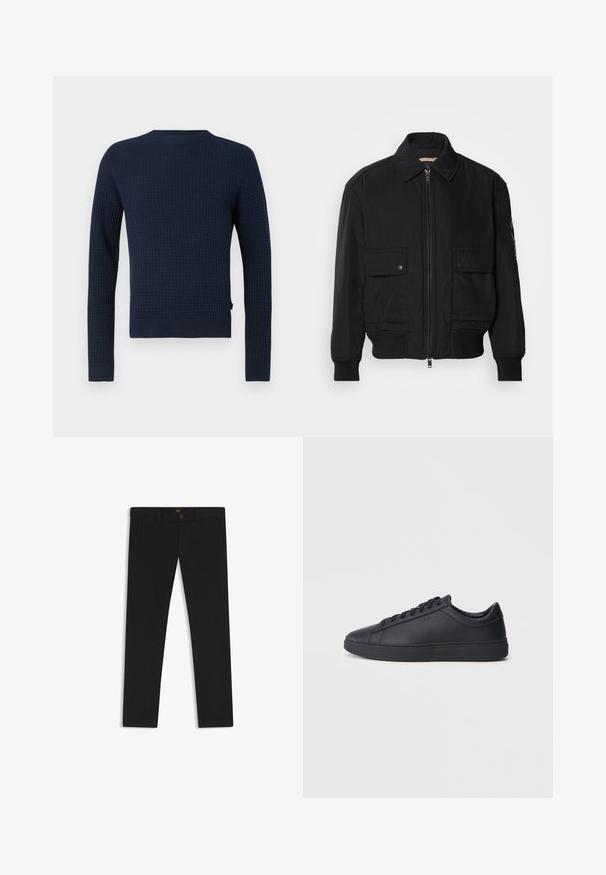 Schwarze Bomberjacke aus glattem, leichtem Stoff. Mit einem Reißverschluss vorne, zwei aufknöpfbaren Brusttaschen und gerippten Bündchen.; Marineblaues gestricktes Sweatshirt mit strukturiertem Muster, langen Ärmeln, Rundhalsausschnitt sowie gerippten Bündchen und Saum. Mit einem dezenten Logo an der Seite.; Schwarze Hosen aus einem Stoff mit glatter текстуре. Verfügt über einen Knopfverschluss, Gürtelschlaufen und Seitentaschen. Klassisches Design mit geradem Bein.; Schwarze Sneaker aus glattem Leder mit einem tiefen Design, runder Zehenform und flacher Gummi-Sohle. Mit Schnürsenkeln und dezentem Branding.