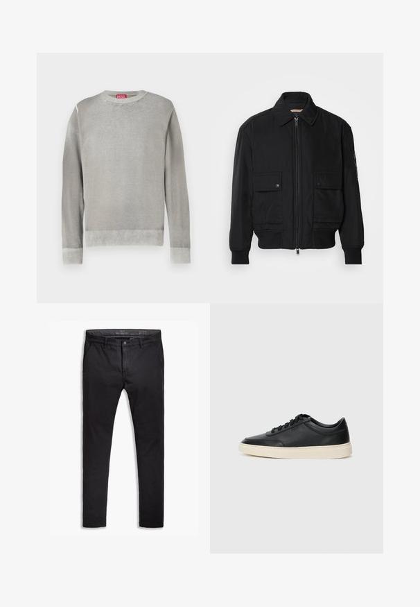 Must mustrakk musth kergestikuti kergemest kuduklett, kergete vestid valjase tormakate. Omab fasadi lukkumist, kahte nööbül pulsiv кофейня ning ribitud käiseid.; Helehall sviiter, ümar kaelus, pikad varrukad, soonikkoes äärised ja hem. Valmistatud pehmest materjalist, millel on sile tekstuur. Omab nähtavat brändi sildit.; Mustad puuvillased chinos, mis on kitseneva lõikega, viie taskuga, vöökohaga ja siledast tekstuurist. Zipperiga lukk ja nupuga kinnitamine.; Mustad musta nahast madal sneaker mustade nööpidega ja kreemivalge tallaga, nähtud külgprofiilis valge tausta ees.