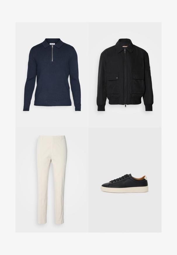 Juodas bomber stiliaus švarkas, pagamintas iš sklandaus, lengvo audinio. Su užtrauktuku priekyje, dviem kišenėmis su sagomis ant krūtinės ir guma apykaklėje.; Tamsiai mėlyna ilgomis rankovėmis polo marškinėliai su užtrauktuku ant apykaklės, pagaminti iš tekstūruotos mezginio medžiagos. Yra tiesus hem ir prigludusios rankovės.; Kreminės spalvos pritaikytos kelnės su tekstūruotu audiniu. Pasižymi tiesiomis kojomis, dirželių kilpomis ir dviem priekinėmis kišenėmis. Be raštų.; Juodos odinės sportbačiai su lygiu paviršiumi, smėlio spalvos guminis padas, raišteliais užsegama konstrukcija ir kontrastingas kulno akcentas.