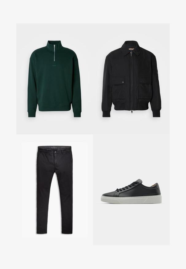 Giacca bomber nera realizzata in tessuto morbido e leggero. Caratterizzata da una chiusura con zip frontale, due tasche sul petto con bottone e polsini a costine.; Felpa verde scuro con collo alto, chiusura a mezza zip e polsini a costine. Presenta un sottile logo "HUGO" sul petto.; Chinos neri in cotone con vestibilità affusolata, dotati di cinque tasche, passanti per cintura e una superficie liscia. Chiusura con zip e bottone.; Sneaker in pelle nera con una texture liscia, punta rotonda e lacci neri. Presenta una suola in gomma bianca spessa con sottili accenti geometrici.